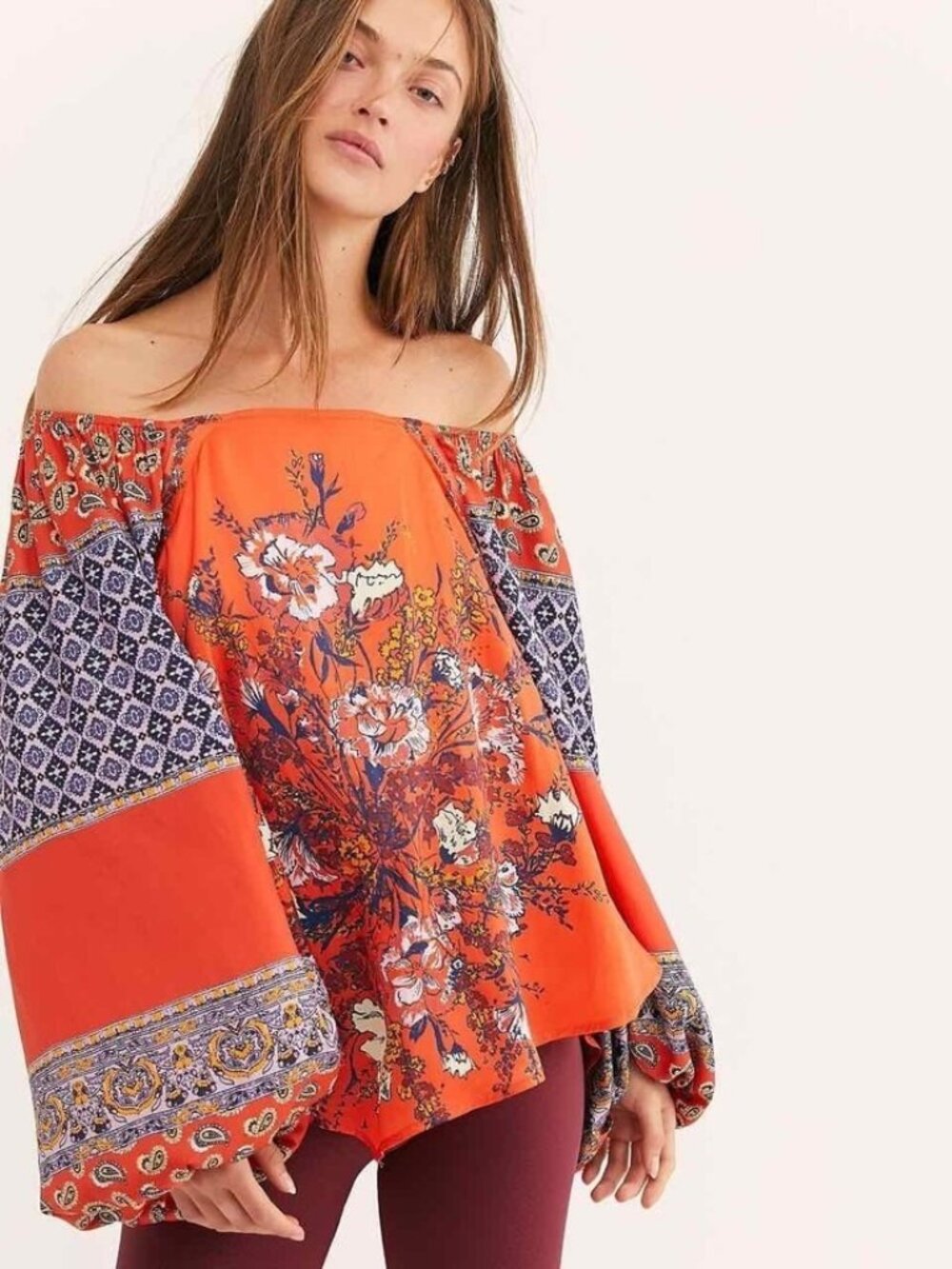 Free People Positano Blouse Small Cherry Floral Off Shoulder Balloon Sleeve NWT